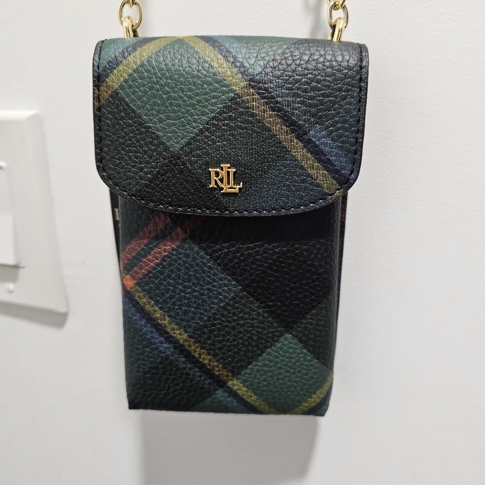 Lauren Ralph Lauren Green Tartan Leather Phone Shoulder Bag Gold Tone Chain NWT